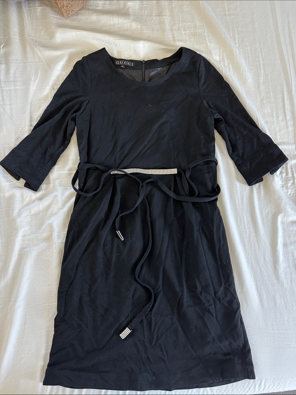 Gucci Black Long-Sleeve Midi Dress with Rhinestone Tie